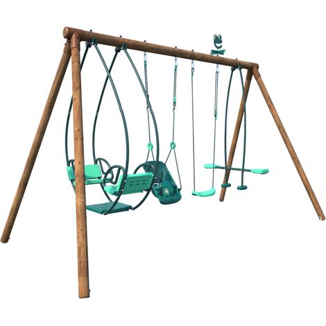 Portique en bois rond 4 agrès avec balançoire bébé et face à face SUZANNE (1/5)