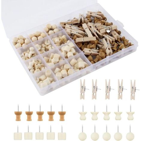 Lot de 200 Punaises en Bois - 5 Styles - Mini Punaises Avec Boîte - Pour Travaux Manuels, Panneau de Liège, Photos, Posters (1/4)