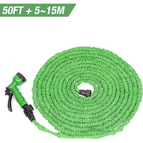 Tuyaux d'arrosage extensible rétractable avec Pistolet 7 fonctions pour Jardin, Irrigation, Nettoyage - 50FT / 5M - 15M - Vert (1/6)