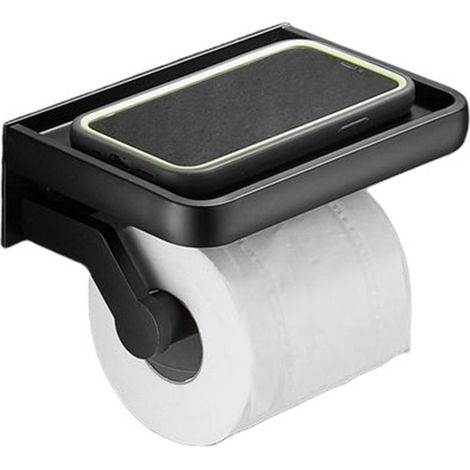 Porte-papier toilette avec étagère, porte-rouleau de papier toilette, avec adhésif, sans perçage, pour salle de bain, noir (1/5)