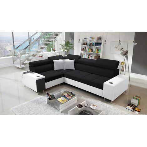 Elegantes Ecksofa mit Konsole und Ladegerät MORENA II Kunstleder/Sawana Weiß/Schwarz Rechts (1/5)