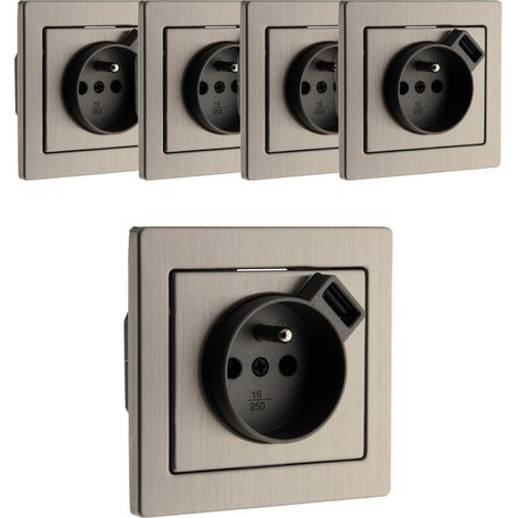 Lot de 5 prises 2P+T + USB encastrable Inox Art'Flat - (1/5)