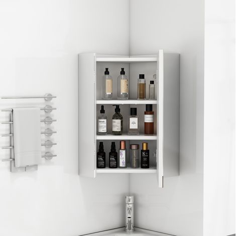 Armario de baño esquinero con espejo mural, 3 caras de espejo, bisagras amortiguadas, blanco HAVRYA