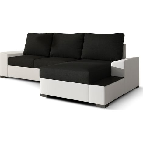 Canapé angle droit convertible tissu noir et simili blanc James 245cm (1/5)