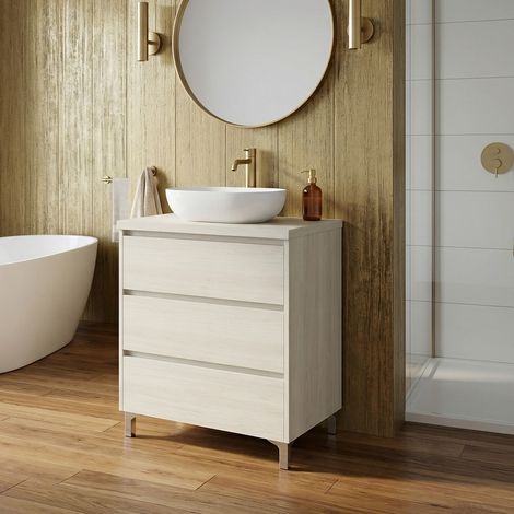 Meuble vasque à poser L.80cm sur pied 3 tiroirs Chêne blanchi LISBONA - sans colonne (1/5)
