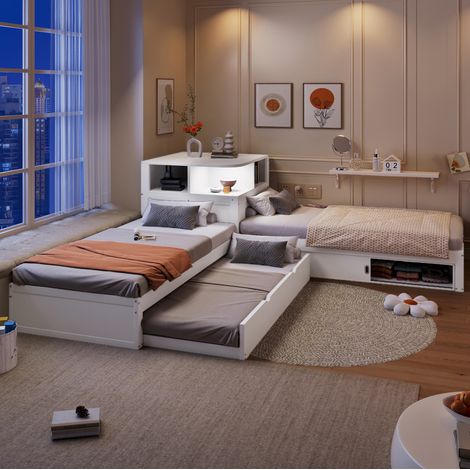 Letto a piattaforma 90x200 con letto estraibile e vano contenitore bianco OKWISH (1/5)