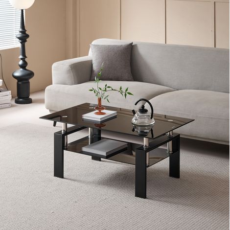 Table basse 100x60x44 cm en verre trempé et métal noir à deux niveaux, gain de place - CHICFURN (1/5)