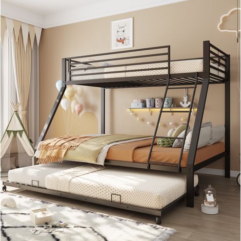 Cama litera 204.0x145.5x160.0 cm, con cama nido, 3 plazas, acero, negro (1/5)
