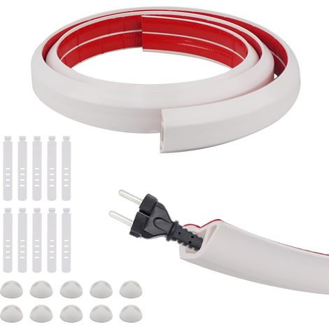 2 M Cache Cable Sol, Flexible PVC Goulotte Passe Cable Sol, Cache Câble Mural en PVC, Passage de Câble Adhesif, avec 10 Bandes de Rangement, 10 Clips de Fixation, 20 mm (W) x 10 mm (H), Blanc (1/5)