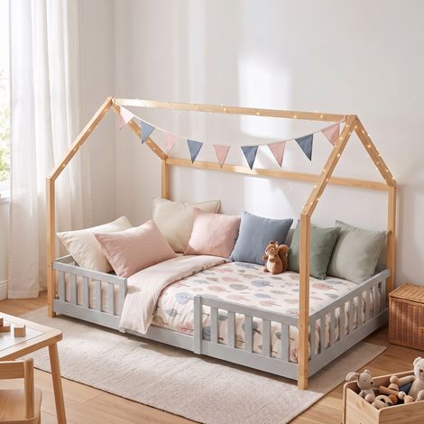Hausbett Sisimiut mit Rausfallschutz 120x200 cm Hellgrau/Natur [en.casa] (1/5)