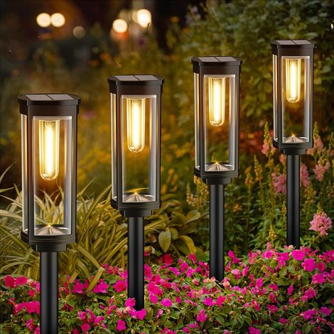 Lot de 4 lampadaires solaires étanches IP65 pour jardin , terrasse , pelouse et extérieur (blanc chaud) (1/5)