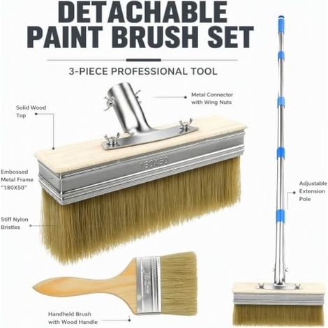 Pinceau de Peinture pour terrasse avec Manche Long de 153 cm et 2 Pinceau Inclus, Grand applicateur de Teinture pour Murs, planchers en Bois, teintures pour Bois pour terrasse (1/4)