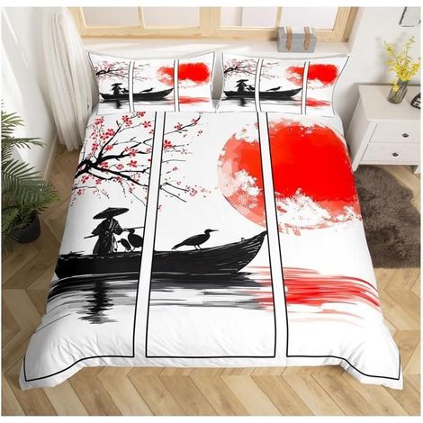 Peinture à l'encre Vintage Housse de Couette 240x260cm Style Japonais Parure de Lit Peinture de Montagne Coucher de Soleil Plum- (1/2)