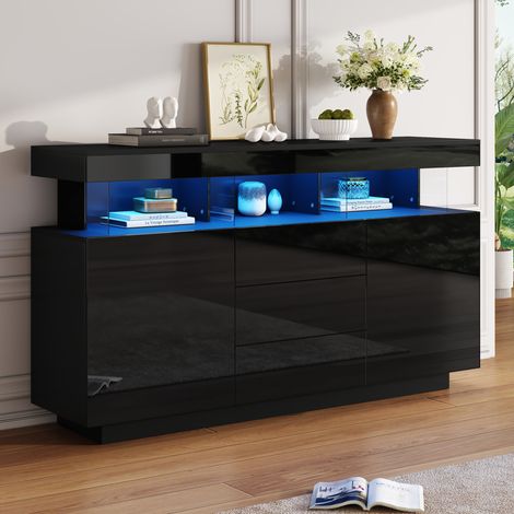 Aparador 140x35x80 cm de madera y acrílico negro con almacenaje LED -FLORAGRACE (1/5)
