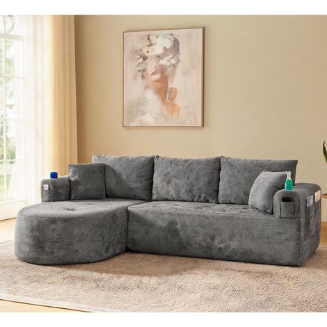 Canapé d'angle gris en lin avec porte-gobelet en acier en tissu (1/5)