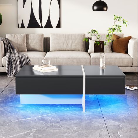 Mesa de centro LED 100 x 50 x 34,5 cm con 3 cajones, negro brillo (1/5)