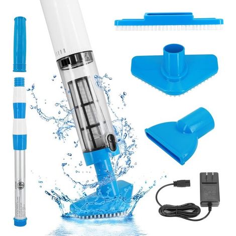 Aspirateur de piscine sans fil avec une autonomie de 90 minutes, une perche télescopique de 165 cm et un filtre en acier inoxydable pour un nettoyage efficace des piscines et des spas. (1/5)