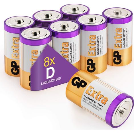 Piles D Lot de 8 - Batteries LR20 Alcalines 1,5V - GP Extra (1/4)