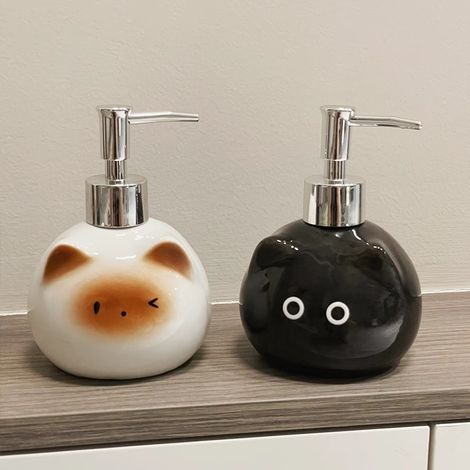 Distributeur de savon en céramique - Distributeur de savon noir en forme de chat, design œil de chat rond noir, bouton sur le flacon vide - 2 styles (1/4)
