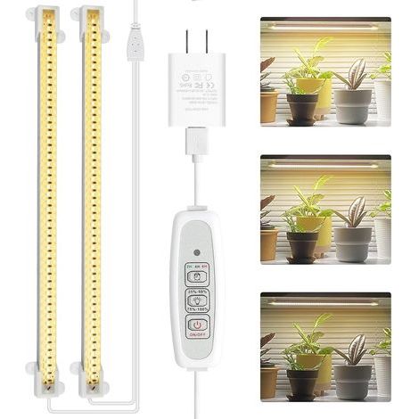 Lampe de culture à deux têtes, bandes lumineuses à spectre complet pour plantes d'intérieur avec minuterie d'allumage/extinction automatique et 4 niveaux de luminosité réglables (1/5)
