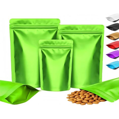 100 Sachets , Fermeture Zip, Feuille Aluminium, Matériau Alimentaire, Stockage Aliments, Vert, 18 x 26 cm