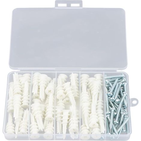 Ensemble de Vis et Chevilles Murales 100 Pcs, Chevilles Universelles avec Vis à Autoperceuses, chevilles Expansion en Plastique avec vis à Bois pour Creuses Cloison Sèche, Béton, Plaques de Plâtre (1/5)