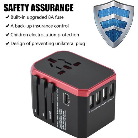 Universeller Reiseadapter mit 4 USB-Anschlüssen und Typ-C-Buchsen für US/AU/GB/EU-Standards (rot) (1/5)