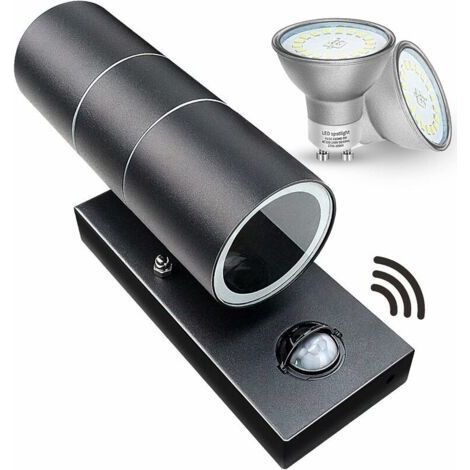 Applique da esterno con sensore di movimento PIR, illuminazione verticale, grado di protezione IP44, nero opaco, 240V - Include 2 lampadine LED da 5W a luce bianca calda (1/5)