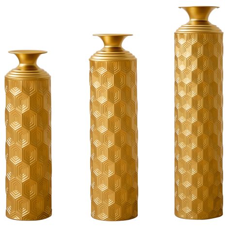Vasi decorativi su piedistallo in metallo dorato, set di 3 pezzi artigianali semi-manuali con motivo esagonale moderno – altezza 50 cm, 65 cm e 85 cm – ideali per salotto, ingresso e corridoio