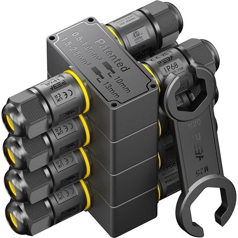 Connecteurs de Câbles Étanches IP68 avec Clé - Boîte de Jonction 3 Voies pour 3 Fils - Raccord Étanche pour Jardin - Dérivation de Câble Ø4-12mm - Boîtier Électrique Extérieur Sécurisé, Lot de 4