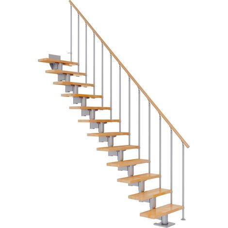 Dolle Mittelholmtreppe Cork Buche, lackiert Gerade 79 cm breit für Geschosshöhen 278 – 337 cm UK Metall Perlgrau inkl. einseitigem Geländer Einzelstab