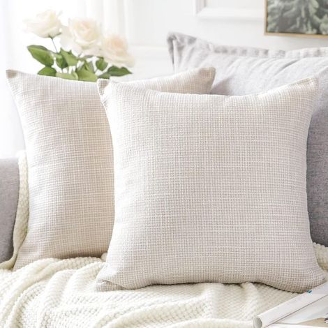 Housse de Coussin, Lot de 2 en Lin Canapé Taie d'oreiller de Couleur Pure pour Maison Salon Chambre Décoration D'intérieur (Beige, 45x45cm) (1/5)