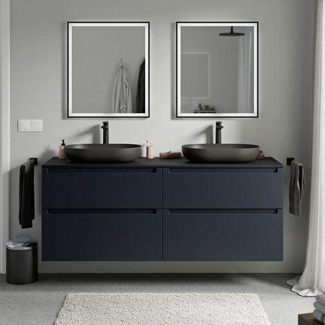 BERNSTEIN - Mueble lavabo suspendido MDF Azul noche mate, encimera Negro mate, cajones giratorios 160x46x62cm - VIREO Azul medianoche mate, Negro mate