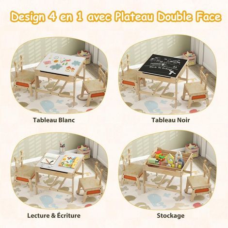 Gain de place, table et chaises enfant 4 en 1 avec tableau réversible et rangement, design robot, dès 3 ans (1/5)
