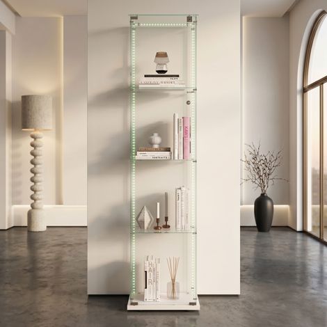 Vitrina de cristal - Vitrina moderna de cuatro niveles con puerta e iluminación LED - Vitrina de cristal templado - Blanca