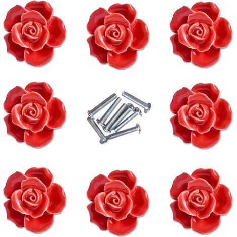 8pcs Elegant Red Rose Pulls Flower Ceramic Furniture Knobs Cupboard Drawer Handles (1/3)