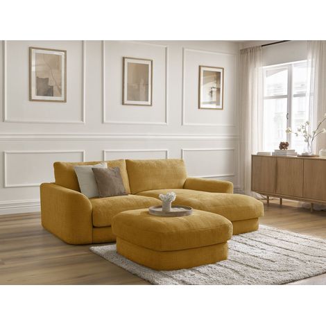 BOBOCHIC - Canapé d'angle fixe LEONORE tissu texturé avec pouf Angle droit Jaune (1/5)