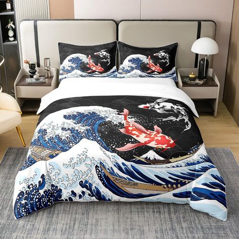 Ukiyo Fish Japanese 100% Cotton Duvet Cover 240 x 260 cm Ocean Surfing Brocade Young Child Bedding Set Adult Japanese Exotic Brocade Animals Exotic Bedding Set (1/5)