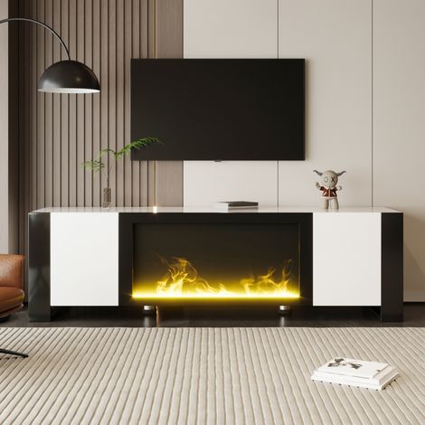Mobile TV 165x32x55 cm bianco e nero in pannelli truciolari con camino elettrico decorativo e ante push-to-open (1/5)
