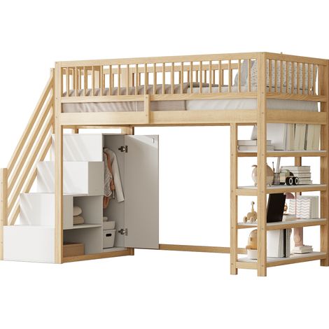Lit mezzanine en bois massif coloris bois naturel 90x200 cm avec armoire, étagères, rangements et sommier inclus (1/5)
