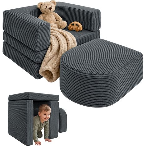 Relaxdays Kindersessel, modular, 4-teilig, weiche Bausteine, Relaxsessel, Cord, HBT 40x65x65 cm, Chillsessel, dunkelgrau (1/5)