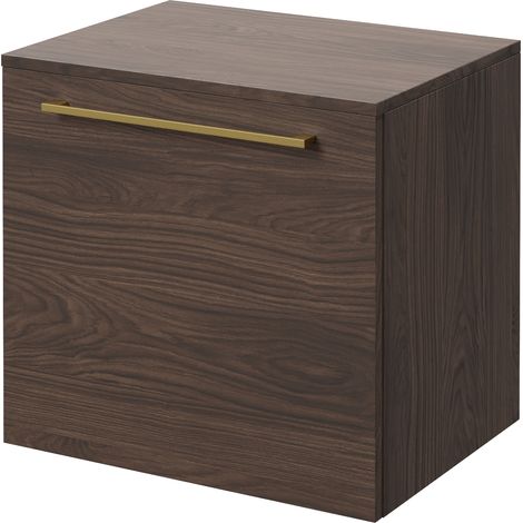 Napoli 390 Brown Oak 500mm Wall Mounted Single Drawer Vanity Unit for Countertop Basins - 500mm - Brushed Brass 320mm Handle
