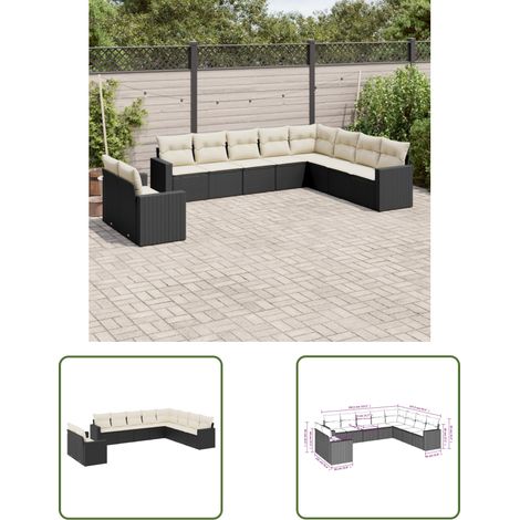 The Living Store 10-tlg. Garten-Sofagarnitur mit Kissen Schwarz Poly Rattan - Gartensofa - Outdoor Möbel - Lounge Set - Rattan Sofa - Gartenlounge
