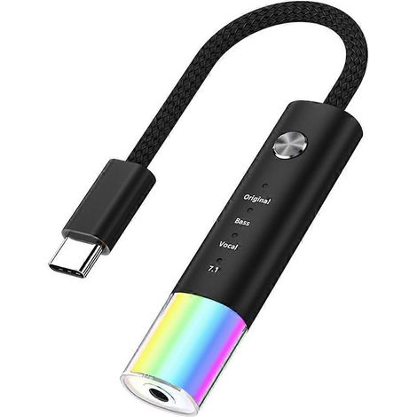 Convertisseur audio universel Type-C vers prise casque 3,5 mm, qualité sonore HiFi, adaptateur Type-C pour appels filaires 7.1 canaux, noir. (1/5)