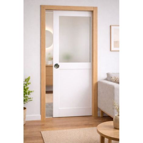 Porte Coulissante Athena Blanc H204 X L93 Cm, Galandage, Kit Finition (coquille Et Tire Doigt) Gd Menuiseries