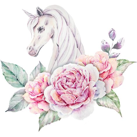 Papier peint panoramique Enfants - Licorne fleurs - 130 cm x 117 cm (1/2)