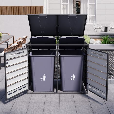 Coffre à poubelles avec couvercle hydraulique, revêtement horizontal imitation bois, perforations d'aération, armoire de jardin en fer avec serrure (1/5)