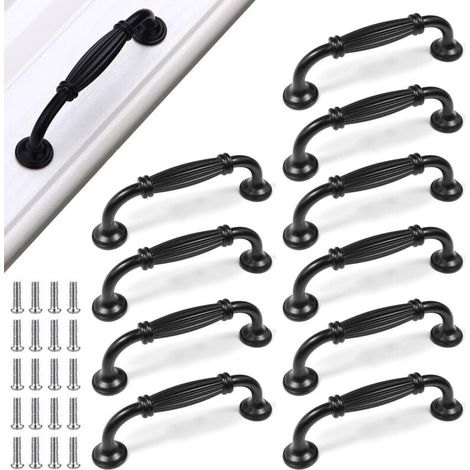 Lot de 10 Poignées Meuble Noires - Aluminium pour Cuisine, Tiroir, Placard - Espacement des Trous 96 mm - Pour Bureaux, Armoires