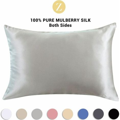 Taie d'oreiller en soie de mûrier 100 % naturelle – pour les cheveux et la peau – 19 mm de soie sur les deux faces – 1 unité, soie, gris argenté, dimensions standard 50 x 75 cm
