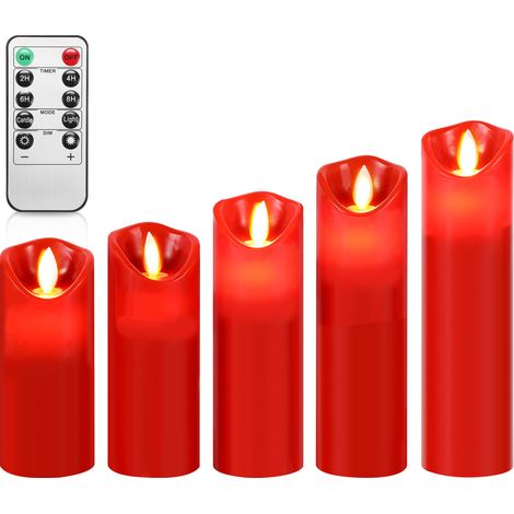 Wolketon Candele LED, set di 5 candele decorative senza fiamma con telecomando a 10 tasti, effetto fiamma LED tremolante, rosso (1/5)